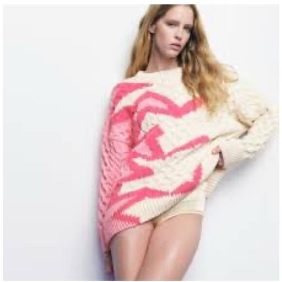 ZARA Oversized Cream Pink Jacquard Chunky Cable Knit Fisherman Sweater Sz M Retr - Picture 10 of 16